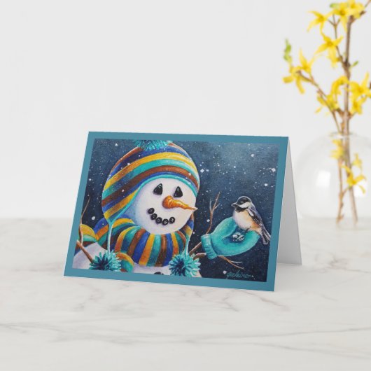 Carte Winter Snowman nourrit Chickadee Bird Aquarelle Ar (Fleur jaune)