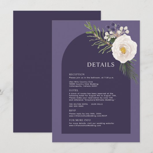 Carte Winter White Botanical Purple Détails du Mariage (Devant / Derrière)