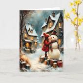 Carte Winterliche Dorfszene mit Mädchen und Schneemann (Fleur jaune)
