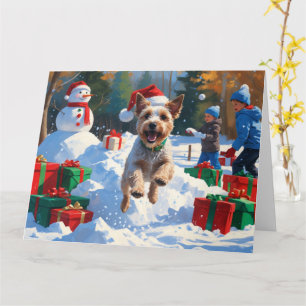 Carte Wire Fox Terrier courant dans la neige avec un cha