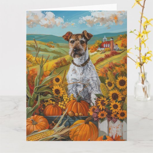 Carte Wirefox Terrier Chien Automne Moisson Thankgiving (Fleur jaune)