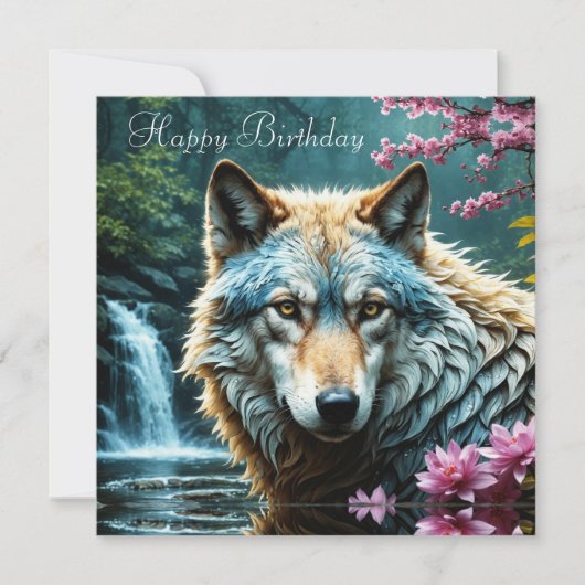 Carte Wolf debout dans la rivière avec des fleurs Annive (Devant)