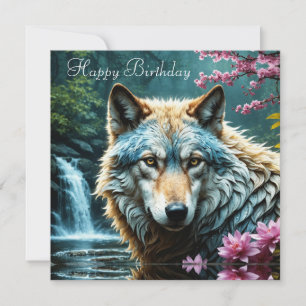 Carte Wolf debout dans la rivière avec des fleurs Annive