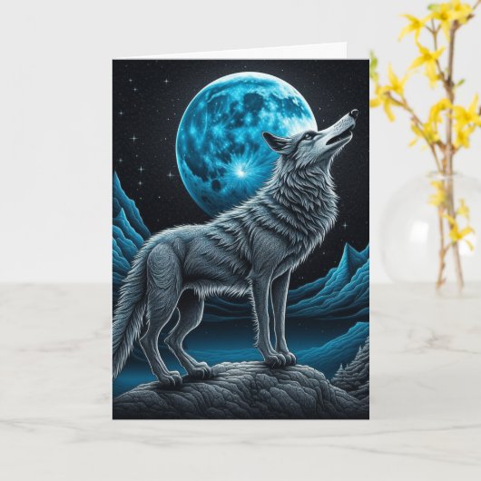 Carte Wolf debout devant la Pleine lune Anniversaire (Fleur jaune)