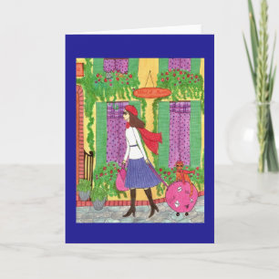 Carte Woman, Cat, Suitcase, Travel, Paris Greeting