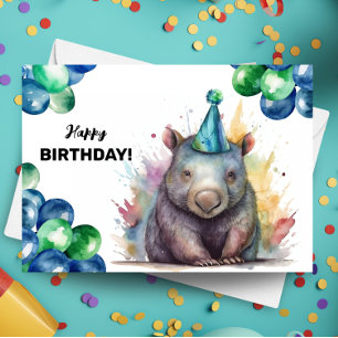 Carte Wombat avec ballons et Casquette de fête Joyeux an