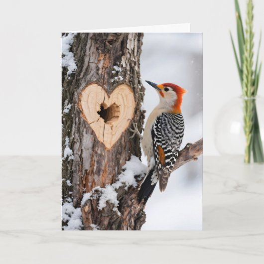 Carte Woodpecker Beside Heart-Shaped Tree Hole (Devant)