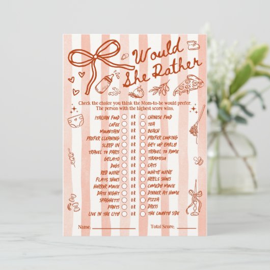 Carte Would She Rather Baby Shower Game in Red (Debout devant)