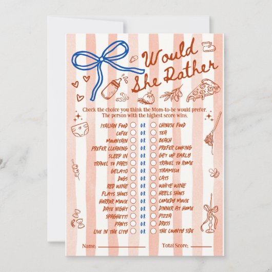 Carte Would She Rather Baby Shower Game in Red Blue (Devant)