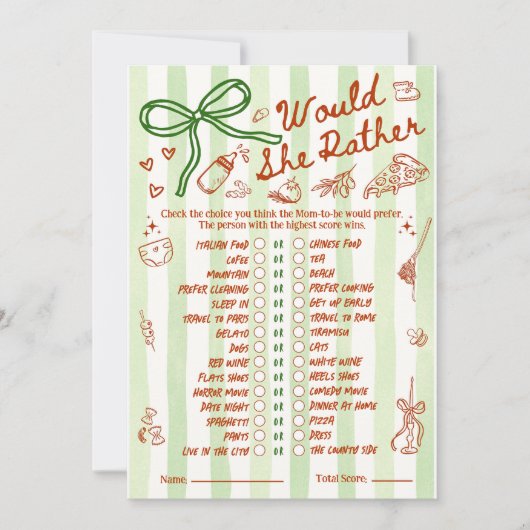 Carte Would She Rather Baby Shower Game in Red Green (Devant)