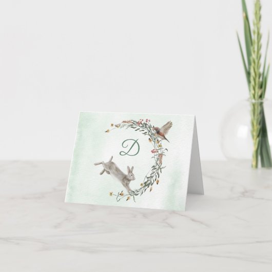 Carte Wreath de lapin et de monogramme d'oiseaux (Devant)