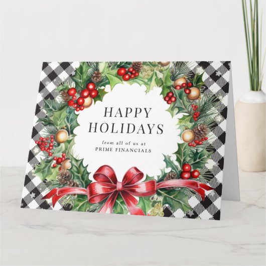 Carte Wreath Holly Berries Black Plaid Business Holiday (Devant)