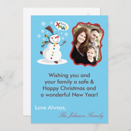 Carte XMAS de Noël Snowman 5x7 (Devant / Derrière)