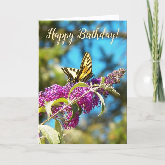 Carte Yellow Butterfly on Pink Flowers Birthday (Devant)