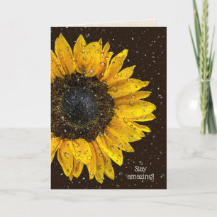 Carte yellow sunflower witater droplets on glass