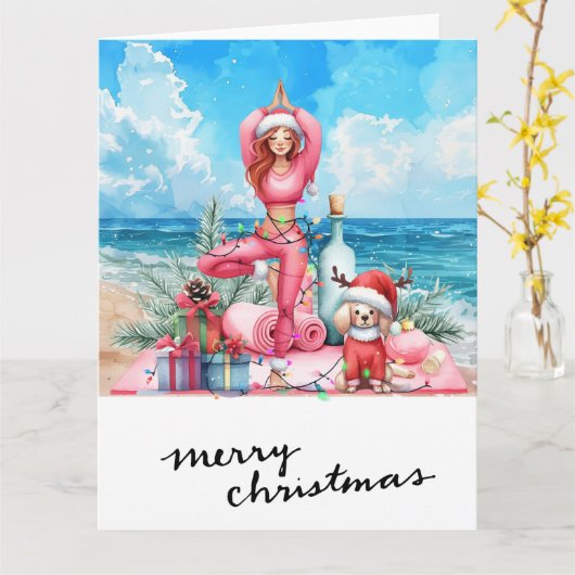 Carte Yoga Woman with Gift at Beach thème de Noël (Fleur jaune)