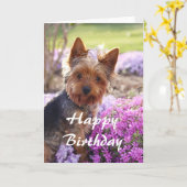 Carte Yorkie Joyeux anniversaire (Fleur jaune)