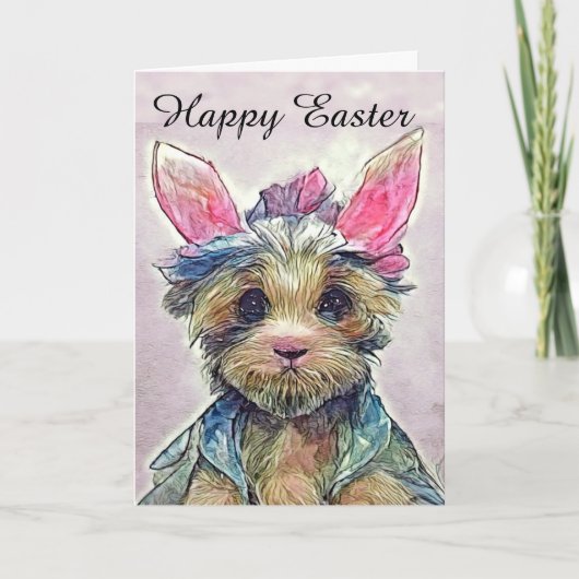 Carte Yorkie Pâques heureux avec oreilles de lapin (Devant)