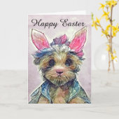 Carte Yorkie Pâques heureux avec oreilles de lapin (Fleur jaune)