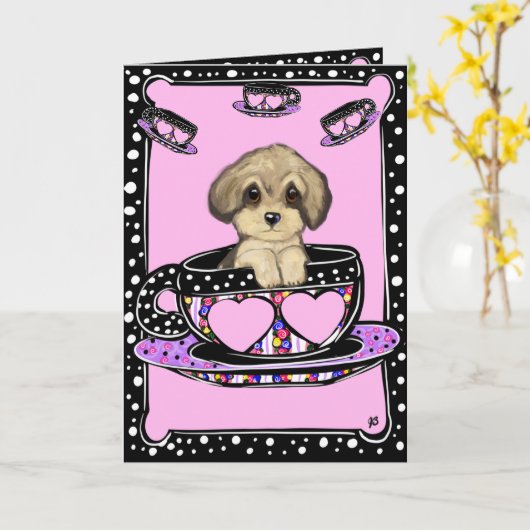 Carte Yorkie Poo Tea Cup (Fleur jaune)