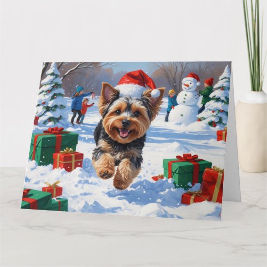 Carte Yorkipoo coule en neige avec le Casquette de Noël (Devant)