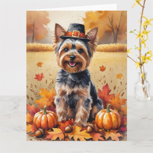 Carte Yorkshire Terrier Automne quitte Thanksgiving Art (Fleur jaune)