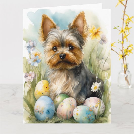 Carte Yorkshire Terrier Chien Avec Oeufs De Pâques Vacan (Fleur jaune)