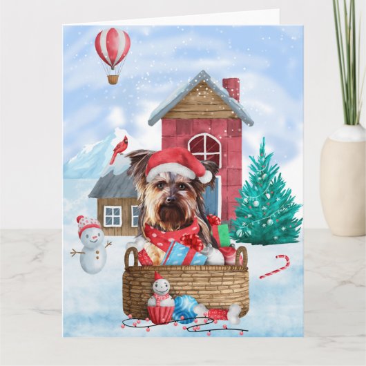 Carte Yorkshire Terrier Chien Dans Maison De Noël enneig (Devant)