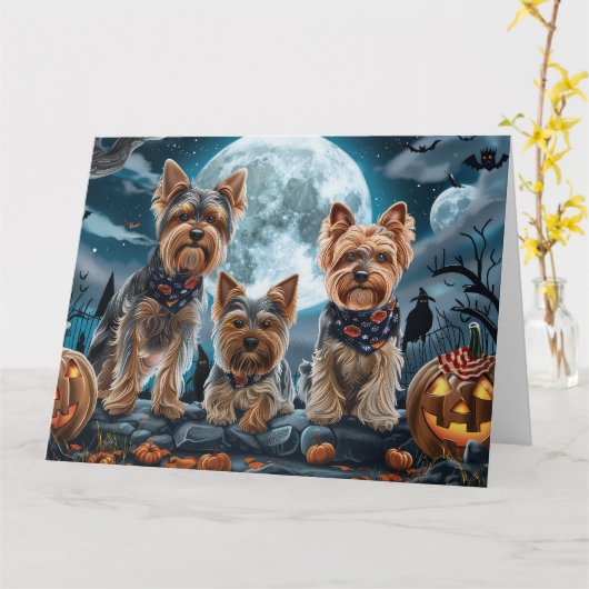 Carte Yorkshire Terrier Halloween Éffrayant (Fleur jaune)