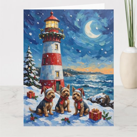 Carte Yorkshire Terrier Noël Phare Vacances (Devant)