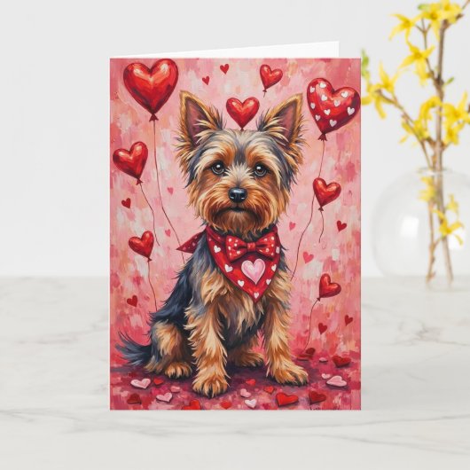 Carte Yorkshire Terrier Valentine Dog Sitting with Heart (Fleur jaune)