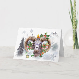 Carte Yule Ram Winter Solstice Snowy Mountain Holiday