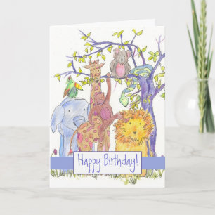 Carte Zoo Animaux Joyeux Anniversaire Giraffe Lion Eléph
