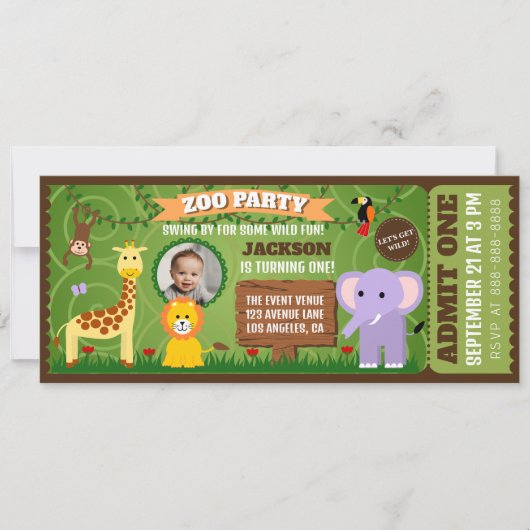 Carte Zoo Ticket Wild Animal Safari Anniversaire de enfa (Devant)