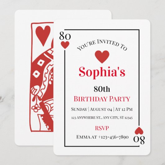 Cartes à jouer Cœurs Invitation pour 80e anniversa (Devant / Derrière)