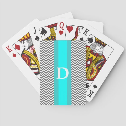Cartes à jouer Monogramme Gris Chevron Sarcelle (dos)