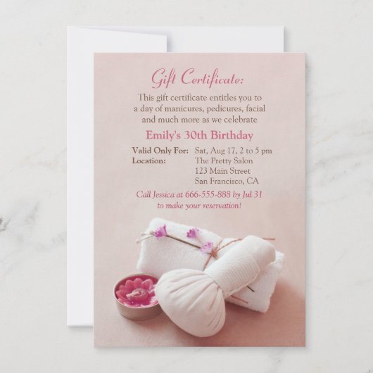 Cartes Cadeau Spa Invitations pour Fête d'Annivers (Devant)