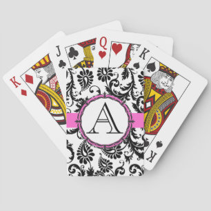 Cartes Carte de jeu Mariage rose monogramme Damask noir