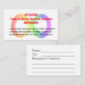 Cartes D'Alerte Autisme Personnalisées Pour L'Orga (Devant / Derrière)