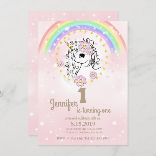 Cartes d'Anniversaire Rose Unicorn RainBow (Devant / Derrière)