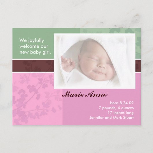 Cartes d'annonce de naissance - bébé fille (Devant)