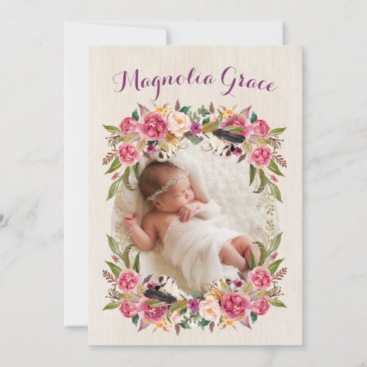 Cartes d'annonce de naissance de bébé fille Floral (Devant)