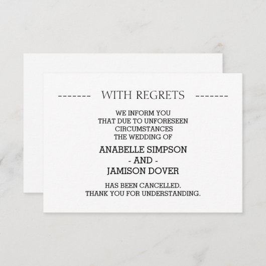 Cartes d'annulation du Faire-part mariage (Devant / Derrière)