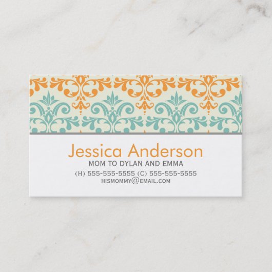 Cartes d'appel de modèles Aqua et Orange Damask (Devant)