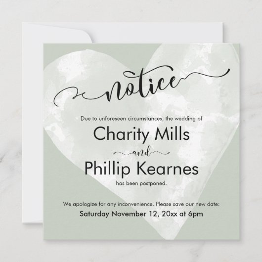 Cartes d'avis Mariage reportées Heart on Sage Gree (Devant)