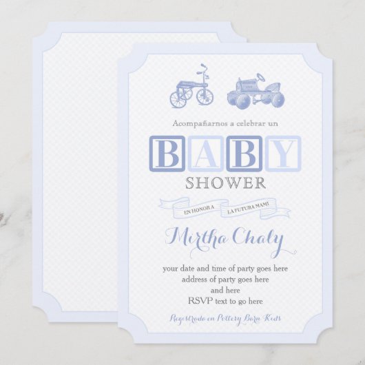 Cartes de Baby shower Jouets vintages en espagnol (Devant / Derrière)