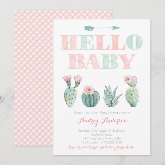 Cartes de Baby shower vert rose poire cactus (Devant / Derrière)
