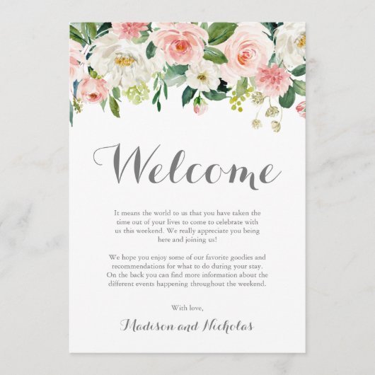 Cartes de bienvenue de l'hôtel Mariage rose blanc (Devant)