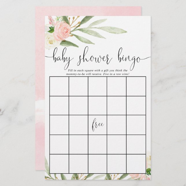 Cartes de bingo baby shower fleuri rose or (Devant / Derrière)