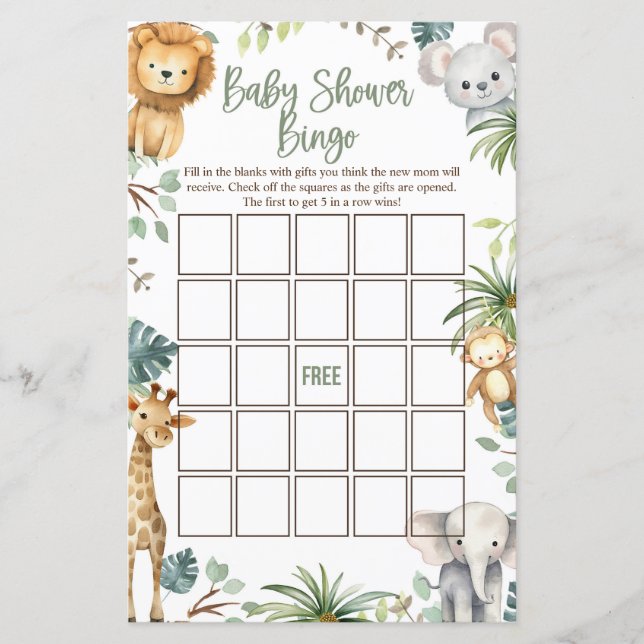 Cartes de Bingo Baby shower Safari (Devant)
